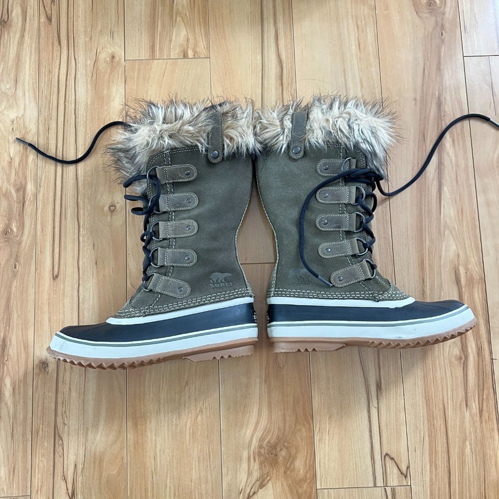 Sorel Boots Joan Of Arctic Green Nori Suede Waterproof Faux Fur Tall Snow Size 6 - Picture 4 of 15